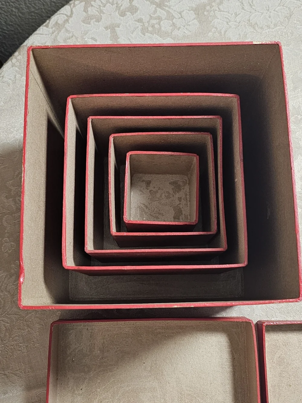 Set Of 5 Hand Painted Stacked Nesting Gift Boxes Red Gold Christmas Decor